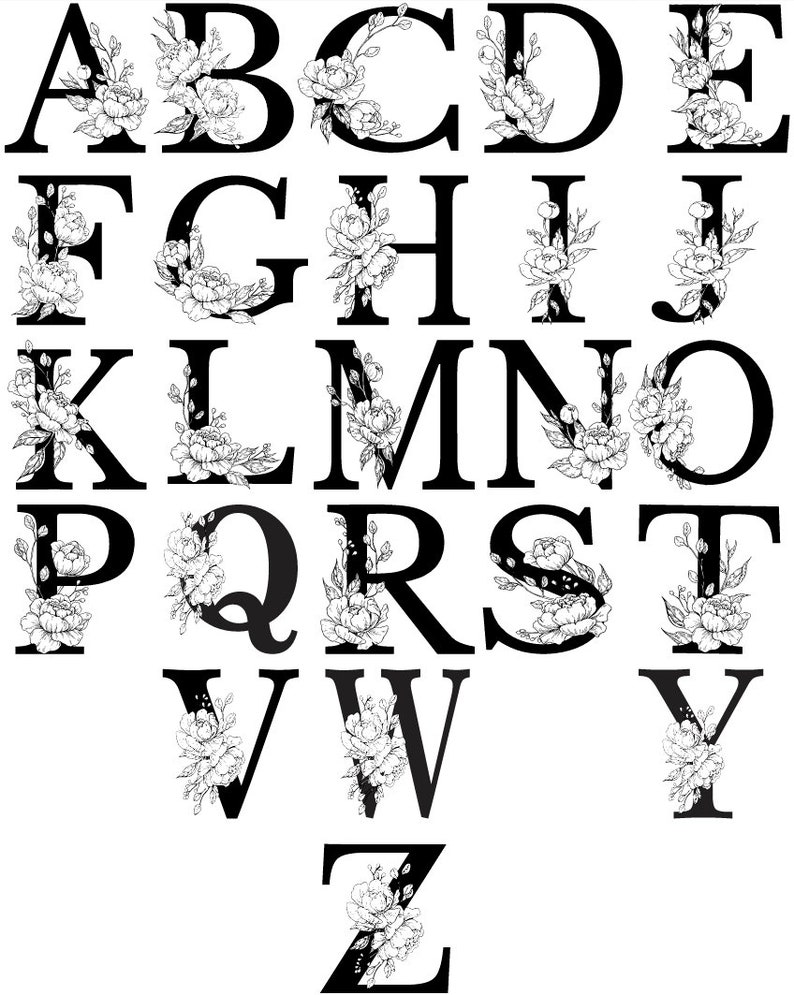 May include: Black and white alphabet with floral embellishments. Each letter is decorated with a unique floral design.