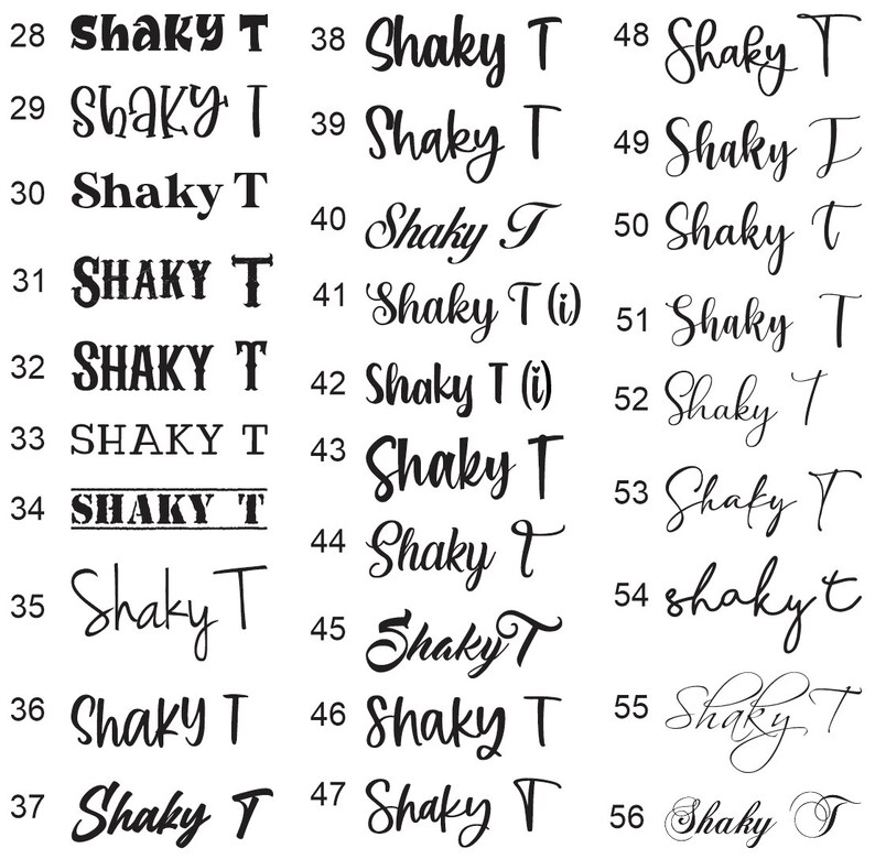 May include: A collection of 29-56 black "Shaky T" text designs in various fonts. The text is displayed in a grid, showcasing different styles, including bold, cursive, and outlined variations. The image is a typography sample.