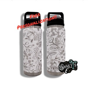 26oz - 360 Bold floral design laser engraved on a Yeti bottle/rambler with chug cap or matching straw lid.