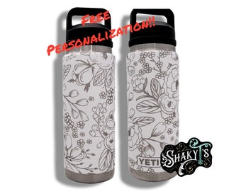 26oz - 360 Bold floral design laser engraved on a Yeti bottle/rambler with chug cap