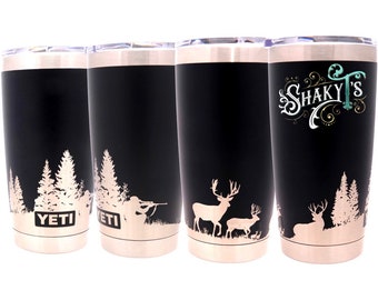 20oz - 360 Mule Deer hunting design laser engraved on a Yeti tumbler. Dishwasher safe.... These are NOT sticker’s or vinyl decals!