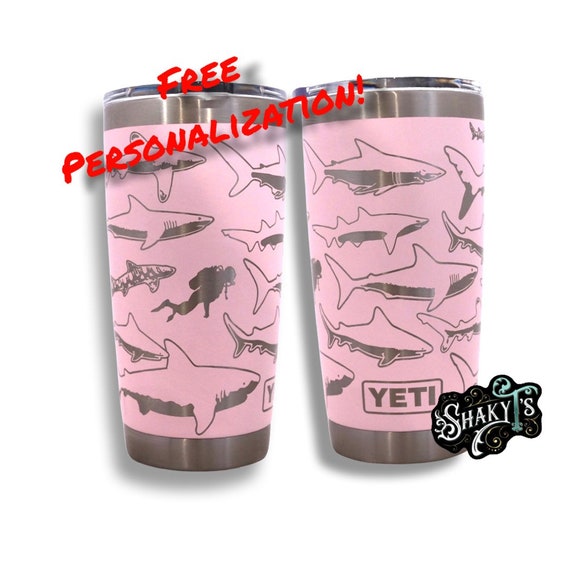 360 shark design laser engraved on a 20oz Yeti tumbler with