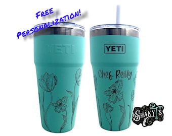 26oz - 360 Tulip design laser engraved on a Yeti stackable tumbler, with straw lid.