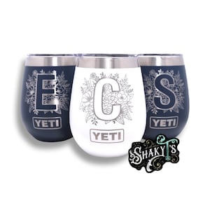 10oz wine - inside Floral monogram laser engraved on a yeti wine tumbler