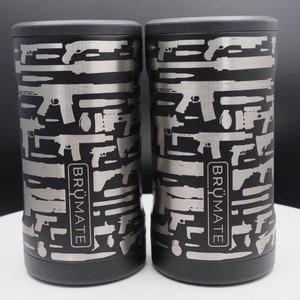 May include: Two black and silver insulated beverage holders with a pattern of various firearms and the word "BRÜMATE" printed on the side.
