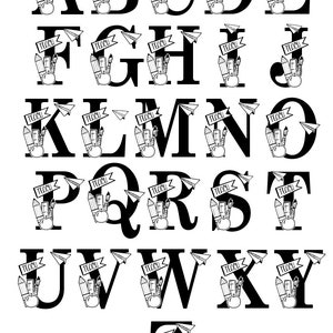 May include: Black and white alphabet letters with a school theme. Each letter is decorated with a paper airplane, pencils, a ruler, and an apple. The letters are in a bold, serif font. The text "Teach!" is on a banner above each letter.