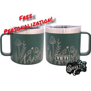 14 oz: diseño de hongo grabado con láser en una taza Yeti, con tapa deslizante.