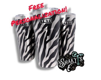 26oz - 360 Zebra print laser engraved on a Yeti stackable tumbler, with straw lid.