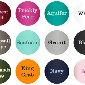 May include: Color chart with 12 different color swatches. Each swatch has a name, including Harvest Red, Prickly Pear, Aquifer, White, Sharptail Taupe, Seafoam, Granit, Black, Highlands Olive, King Crab, Navy, and Ice.