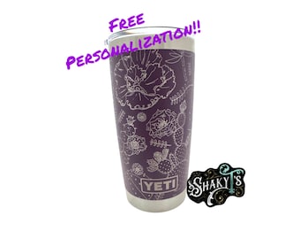 Diseño floral del desierto 360 de 20 oz grabado con láser en vaso Yeti de 20 oz con tapa magnética.