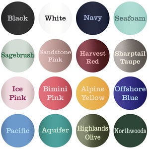 May include: A color chart with 16 different paint colors. The colors are arranged in a 4x4 grid. The colors are: Black, White, Navy, Seafoam, Sagebrush, Sandstone Pink, Harvest Red, Sharptail Taupe, Ice Pink, Bimini Pink, Alpine Yellow, Offshore Blue, Pacific, Aquifer, Highlands Olive, and Northwoods.
