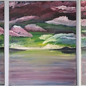 Sunset oil painting triptych, wall art, three paintings
