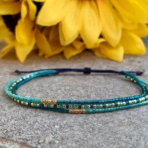 Beaded bracelets, turquoise, blue, green, gold Miyuki Delica beads, woman, adjustable bracelet for her, gift ideas, minimalist