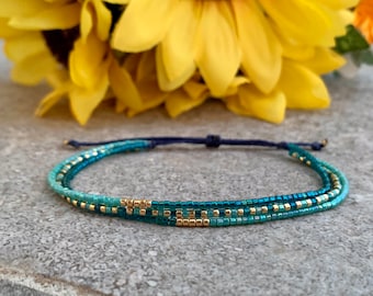 Beaded bracelets, turquoise, blue, green, gold Miyuki Delica beads, woman, adjustable bracelet for her, gift ideas, minimalist