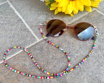 Chaîne de lunettes en perles multicolores, chaîne de perles de rocaille de lunettes arc-en-ciel, chaîne de lunettes de soleil, cadeau pour elle, idées cadeaux, été 2024