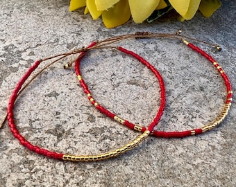 Minimalist Red Miyuki Bead Bracelet, Adjustable Boho Jewelry