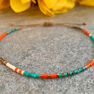 Miyuki pärlarmband, fint justerbart snörarmband, turkosorange armband