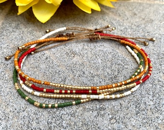 Pulseras de cuentas minimalistas, pulsera para mujer, pulsera ajustable, joyería de cordón encerado, oro, rojo, cuenta verde, ideas de regalo, regalo de Navidad