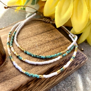 Turquoise Miyuki Seed Bead Bracelet, Gold & White, Adjustable