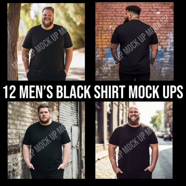 Plus size big and tall men’s black t shirt mock up big boy larger men XL XXL XXL mock up in various setting gym, outside, inside