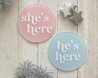 Baby Birth Announcement | Acrylic Gender Reveal | Gender Reveal Sign | Birth Photo Prop | She’s Here | He’s Here | Acrylic Birth Announcemen