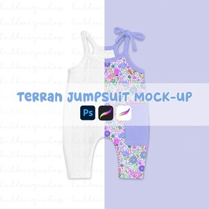 May include: A Terran jumpsuit mock-up featuring a ribbed white side and a floral patterned side with purple accents, tie-shoulder straps, and a solid purple pocket. The image includes the text Terran Jumpsuit Mock-up and three software icons.
