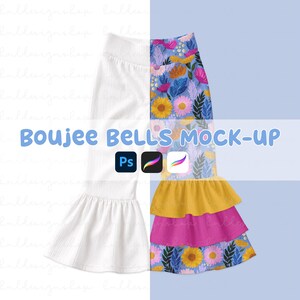 May include: A pair of ribbed bell-bottom pants featuring a split design. The left side is solid white, while the right side displays a floral pattern with sunflowers and leaves, finished with two tiered ruffles in mustard yellow and hot pink.