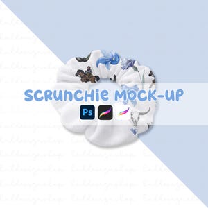 May include: White scrunchie with a floral and western-themed pattern. The design includes blue flowers, a cowboy on a horse, and a bull skull. The text "SCRUNCHIE MOCK-UP" is displayed with the Adobe Photoshop and Procreate logos.