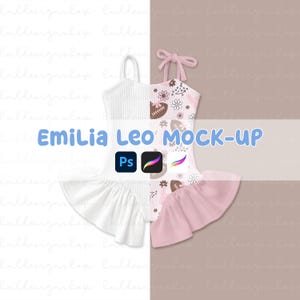 May include: A digital mock-up of a leotard featuring a ribbed texture, a ruffled skirt, and tie-shoulder straps. The left side is solid white, while the right side displays a pattern of footballs, flowers, and play diagrams. Text reads EMILIA LEO MOCK-UP.