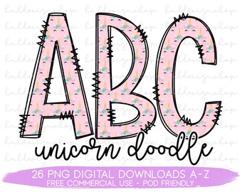 Unicorn Doodle Letters Png, Unicorn Font Png, Unicorn Sublimation Shirt Design, Doodle Alphabet Png, Unicorn Png Designs, Birthday Girl Png