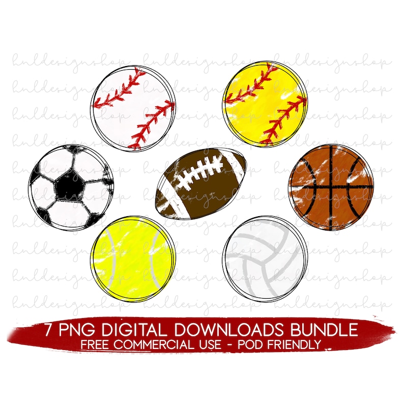 May include: A digital download bundle featuring seven sports balls: a baseball, softball, soccer ball, football, basketball, tennis ball, and volleyball. The text "7 PNG DIGITAL DOWNLOADS BUNDLE" and "FREE COMMERCIAL USE - POD FRIENDLY" are included.