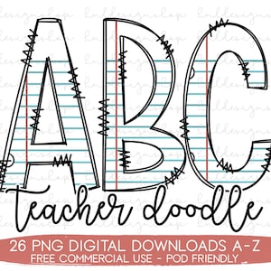 Paper Doodle Letter Png, Teacher Font Png, Back To School Sublimation, Doodle Alphabet Png, School Sublimation Designs, Paper Letter Png