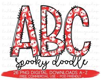 Skull Doodle Letter Png, Halloween Font Png, Halloween Sublimation, Doodle Alphabet Png, Spooky Alphabet Set, Halloween Png Design For Shirt