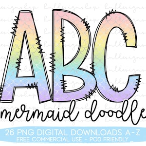 Mermaid Doodle Letters Png, Mermaid Font Png, Mermaid Sublimation Shirt Design, Doodle Alphabet Png, Mermaid Png Designs, Birthday Girl Png