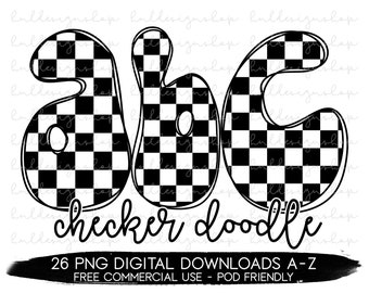 Black Checker Doodle Letters Png, Checker Font Png, Kids Sublimation Designs, Retro Alphabet Png, Kids Alphabet Set, Retro Png Designs