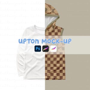 May include: A split-view digital mockup featuring a white long-sleeve ribbed shirt on the left and a sleeveless hooded top with a brown and tan checkered pattern on the right. The text UPTON MOCK-UP is centered with three software icons below.