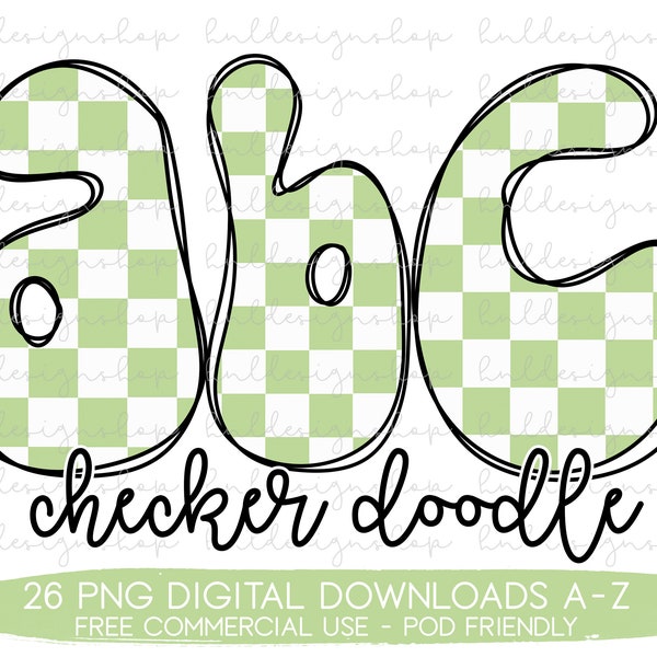 Green Checker Doodle Letters Png, Checker Font Png, Kids Sublimation Designs, Retro Alphabet Png, Kids Alphabet Set, Retro Png Designs