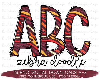 Zebra Print Doodle Letter PNG, Zebra Font Png, Zebra Print Sublimation, Zebra Alphabet Png, Colorful Zebra Print Png, Zebra Png Shirt Design