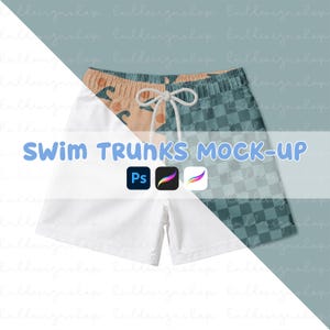May include: Swim trunks mock-up with a white lower half and a patterned upper half. The upper half features a checkerboard design and a wave pattern. The text "SWIM TRUNKS MOCK-UP" is displayed in blue.