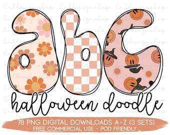 SET OF 3 Retro Halloween Doodle Letter Png, Retro Font Png, Halloween Sublimation, Retro Alphabet Png, Retro Fall Png Halloween Alphabet PNG