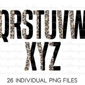 K&ouml;nnte beinhalten: Ein Satz von 26 einzelnen PNG-Dateien mit den Buchstaben des Alphabets von Q bis Z. Jeder Buchstabe ist schwarz und mit einem Leopardenmuster umrandet.