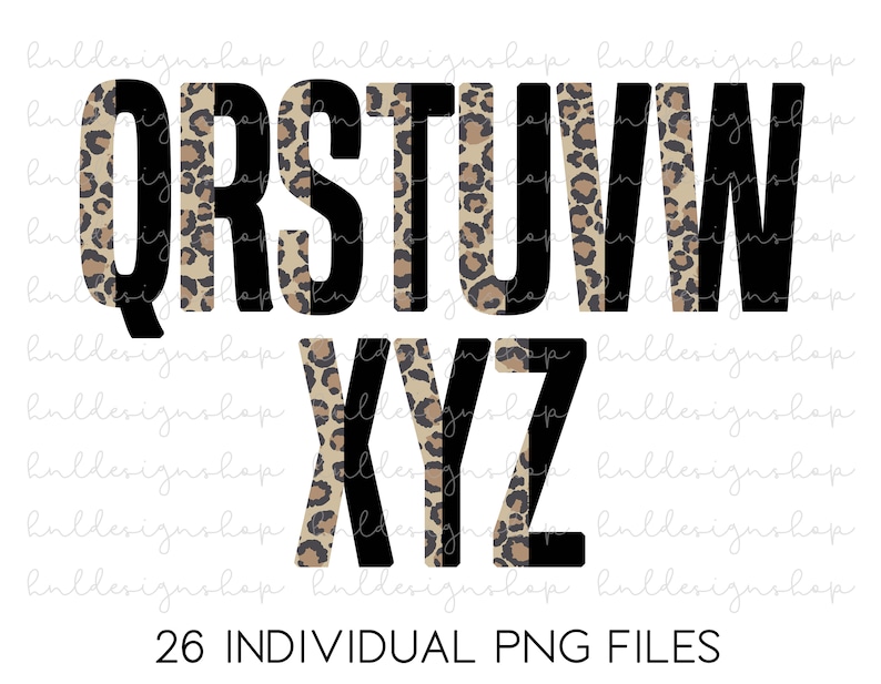 K&ouml;nnte beinhalten: Ein Satz von 26 einzelnen PNG-Dateien mit den Buchstaben des Alphabets von Q bis Z. Jeder Buchstabe ist schwarz und mit einem Leopardenmuster umrandet.