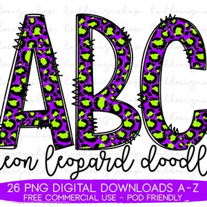 Neon Leopard Print Doodle Letters PNG, Leopard Font Png, Leopard Print Sublimation, Leopard Alphabet Png, Lime Green Purple Leopard Png