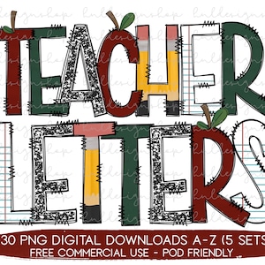 SET OF 5 Teacher Doodle Letter Png, Teacher Font Png, Back To School Sublimation, Doodle Alphabet Png, School Sublimation, Pencil Letter Png