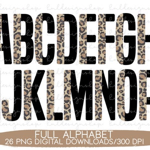 K&ouml;nnte beinhalten: Komplettes Alphabet in schwarzen Buchstaben mit Leopardenmuster-Hintergrund. Jeder Buchstabe ist ein separates Bild. 26 digitale PNG-Downloads/300 DPI.