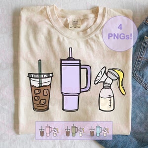 Puede incluir: Una camiseta beige con un diseño de cuatro elementos: una taza de café helado, un vaso morado, un sacaleches y un vaso de leche. El texto "4 PNGs!" está en un círculo morado en la camiseta.