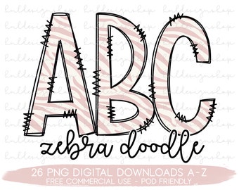 Zebra Print Doodle Letters PNG, Zebra Font Png, Zebra Print Sublimation, Zebra Alphabet Png, Pink Zebra Print Png, Zebra Png Shirt Designs