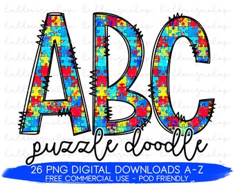 Autism Png, Autism Awareness Png File For Sublimation Printing, Autism Puzzle Png, Puzzle Pieces Doodle Letters PNG, Autism Alphabet Png