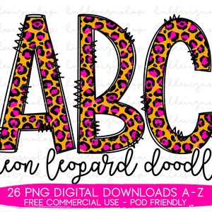Neon Leopard Print Doodle Letters PNG, Leopard Font Png, Leopard Print Sublimation, Leopard Alphabet Png, Pink Leopard Orange Leopard Png