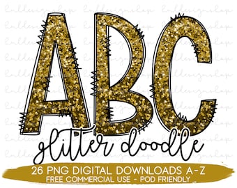 Gold Glitzer Doodle Buchstaben Png, Gold Schriftart Png, Sublimation Shirt Design, Doodle Alphabet Png, Kommerzielle Nutzung Schriftart Png, Doodle Schrift Alphabet